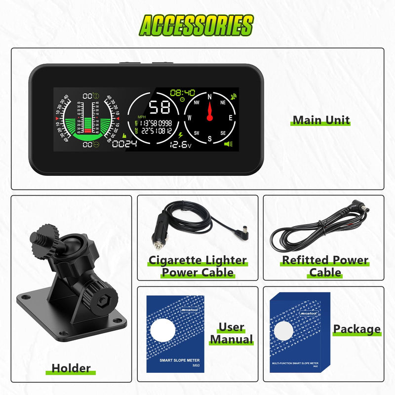 Car Inclinometer for Off Road Vehicles, GPS Speedometer MPH KMH with Compass Multfunctional Digital HUD Level Tilt Gauge Angle Slope Meter with Coordinate Display, M60