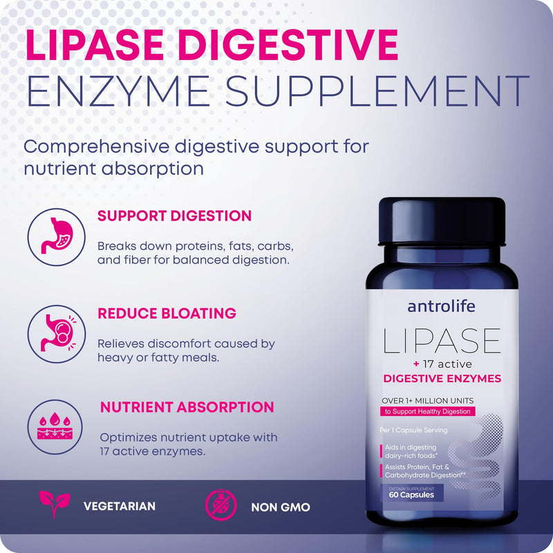 ANTROLIFE Digestive Enzymes ‚Äì 17 Active Enzymes ‚Äì Lipase, Protease & Amylase Supplement ‚Äì Supports Digestion & Nutrient Absorption ‚Äì Lipase Enzymes ‚Äì Dietary Supplement ‚Äì 60 Caps - BeesActive Australia