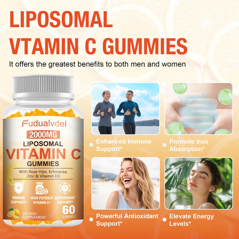 2 Pack 2000mg Liposomal Vitamin C Gummies for Adults & Kids Immune Support, Antioxidant & Collagen Booster Complex with Rose HIPS, 5000IU D3 ,Elderberry, Echinacea, Iron & Zinc, Orange Flavor, 120 Cts 60 Count (Pack of 2)