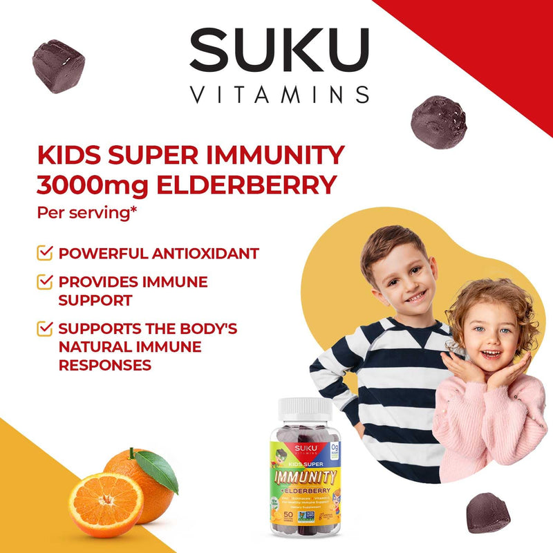 SUKU Vitamins - Kids Super Immunity - Elderberry, Echinacea, Vitamin A and Zinc Gummies for Immune Support - Easy to Chew - Non GMO, Gluten Sugar Free - Pomegranate Lime Gummy Vitamins, 50 Count