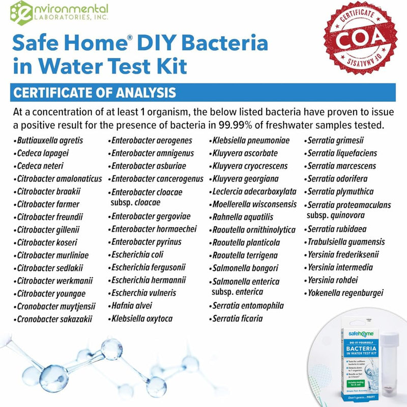 Safe Home® DIY Bacteria in Water Test Kit – Results as Fast as 6 Hours – Detects 50 Different Species of Coliform Bacteria – EPA Lab Certified – Made in the USA – (1 Pack) 1-Pack