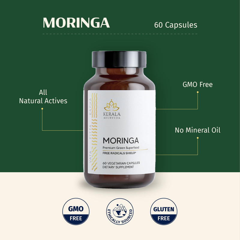 Kerala Ayurveda Moringa 450 mg Leaf Extract - 60 Veg Capsules | Powerful Antioxidants & Essential Vitamins for Immune Support, Skin Health & Gut Health | Herbal Supplements | Prop 65 Compliant