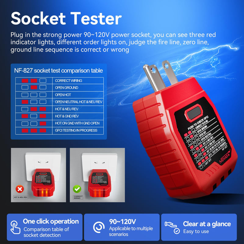 NOYAFA NF-827 Circuit Breaker Finder Tool with 3 Accessories &GFCI Outlet Tester, 90-120V AC Circuit Breaker Finder, Quickly Identify NCV Circuit Tester with Storage Case, Sensitivity Adjustment NF-827 + 3 Accessories