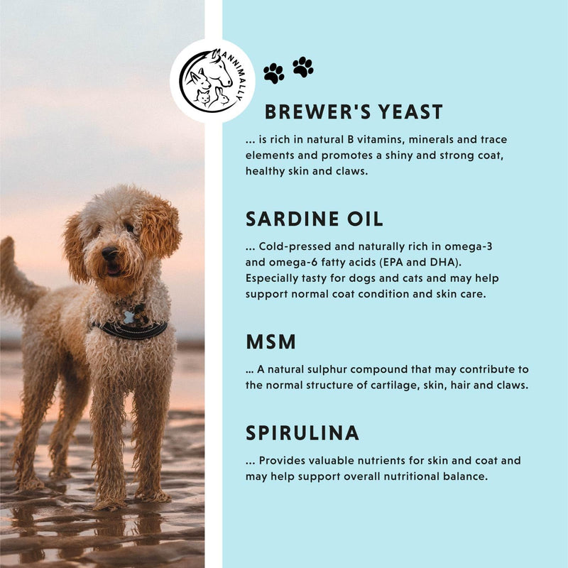 Annimally Skin & Coat Powder for Dogs & Cats 120 g - Daily Nutritional Supplement for Coat, Skin & Claws, with Brewer’s Yeast, Spirulina, Biotin, Zinc & Calcium, Made in Germany