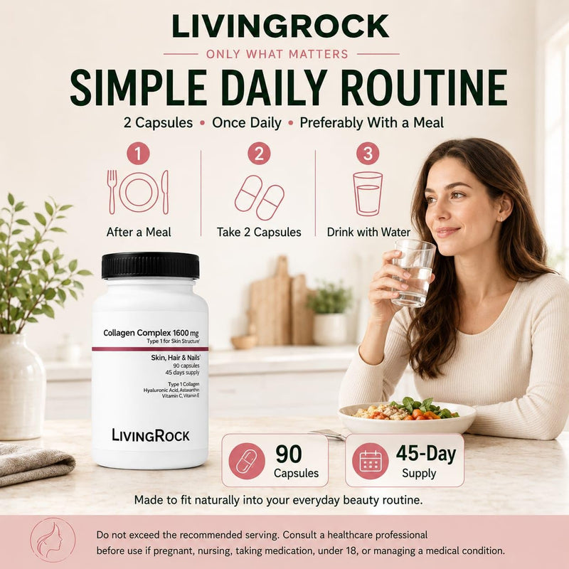 LivingRock Marine Beauty Collagen Complex for Skin, Hair & Nails with Type 1 Marine Collagen, Hyaluronic Acid, Astaxanthin, Vitamins C & E, 90 Capsules, 45-Day Supply