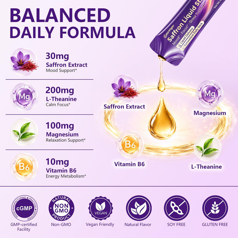 Saffron Supplement, Liquid Saffron Extract for Mood Support | No Pills, Daily Liquid Stick Packs with L-Theanine, Magnesium & Vitamin B6 for Calm Focus, Stress Support, Non-GMO & Vegan