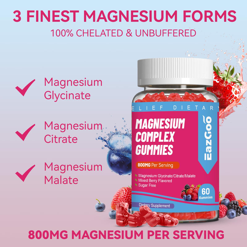 Magnesium Gummies 800mg for Women Men with Vitamin D3, C, B6, B12 & Zinc | 3 Forms of Magnesium (Citrate, Glycinate, Malate), Magnesium Complex Gummies for Muscle, Mood & Energy, Vegan 120 Counts 60 Count (Pack of 2)