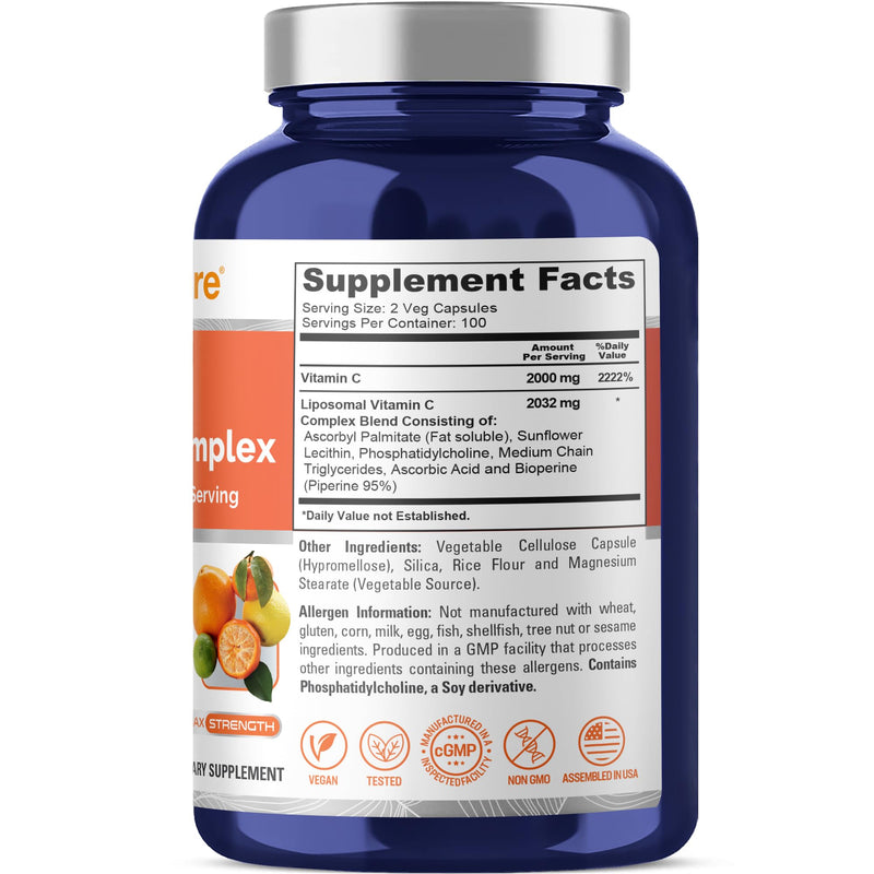 Liposomal Vitamin C, Non-GMO, Vegan, 2032mg, 200 Veggie Caps - 100 Servings | Dietary Supplement Formula, High Absorption Ascorbic Acid & BioPerine, Suitable for Adults, Manufactured in cGMP Facility USA 200 Count (Pack of 1)