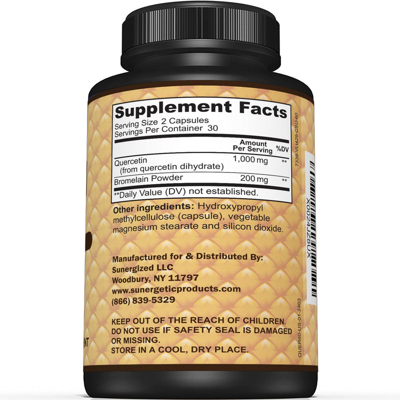 Sunergetic Premium Quercetin & Bromelain Supplement – Powerful Quercetin Bromelain Complex to Help Support Immune System & Seasonal Support – Quercetin 1000mg Per Serving – 60 Capsules - BeesActive Australia