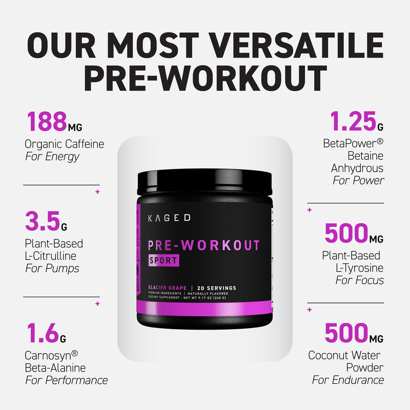 Kaged Sport Pre Workout Powder for Men & Women, Glacier Grape, Sport Certified, 188mg Caffeine, Nitric Oxide Supplement, Beta Alanine for Energy, Weightlifting, Cardio Endurance, Strength, 20 Servings
