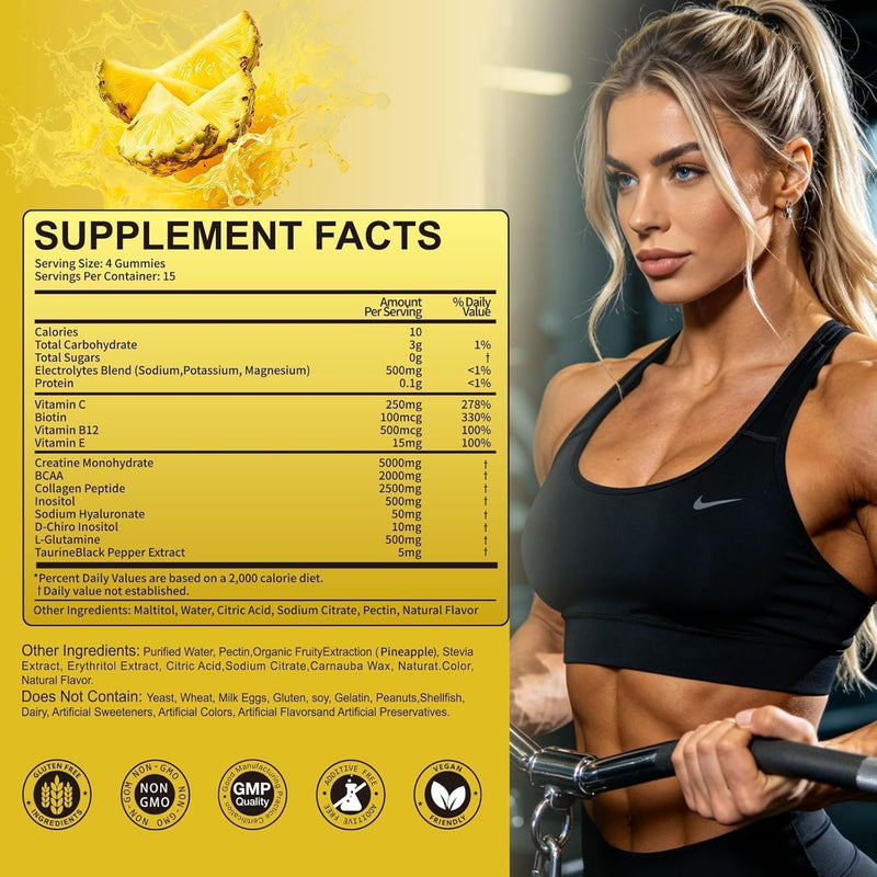 creatine Gummies for Women,Sugar Free,Pineapple Flavor | Creatine Monohydrate Gummies with Collagen,Vitamin D3 & Calcium for Muscles & Booty & Energy,