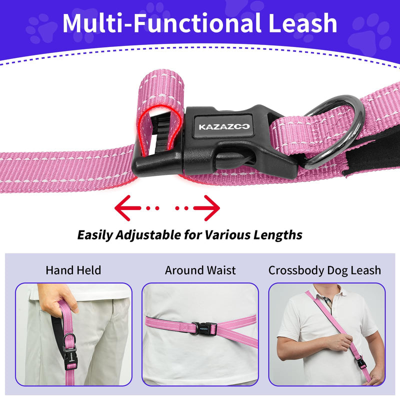 Kazazoo Hands-Free Dog Leash with Adjustable Length 6-9FT + Dual Padded Handles Reflective Safety for Walking, Jogging & Training | Suitable for Medium to Large Dogs & Puppies Pink-L L