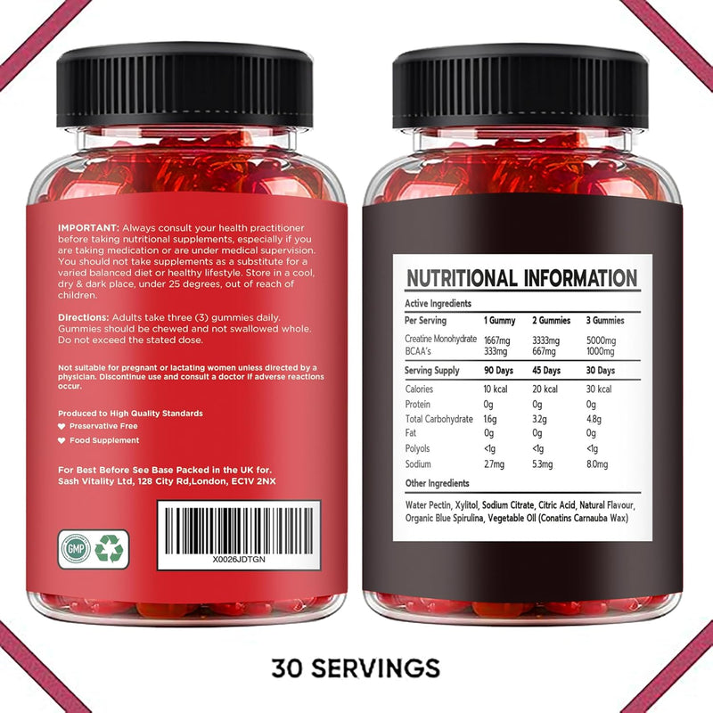 Creatine MAX 90 Chewable Vegan Gummies - 5000mg Creatine Monohydrate, 1000mg BCAAs per Serving - Sugar Free Mixed Berry Flavour - BeesActive Australia