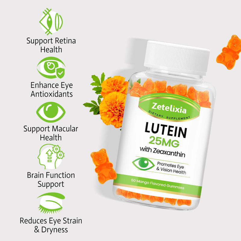 Lutein Gummies 25mg - Eye Vitamins Lutein & Zeaxanthin Eye Health Supplements for Adults,Sugar Free Eye Health Gummies Supplement - Support Vision,Macular,Blue Light Filtering (60 Count) 60 Count (Pack of 1)