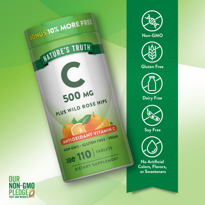 Nature's Truth Vitamin C with Rose Hips 500 mg | 110 Tablets | Vegan, Non-GMO & Gluten Free Supplement | Vegan, Non-GMO & Gluten Free Supplement
