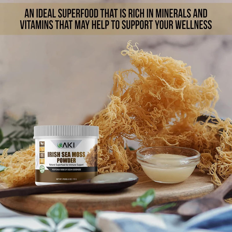 AKI Irish Sea Moss Powder - Rich in 92 Essential Minerals & Vitamins, Including Iodine, Potassium & Magnesium - Ideal for Smoothies & Juices - 100% Vegan, Non-GMO & Supports Wellness (6 Oz/170g)