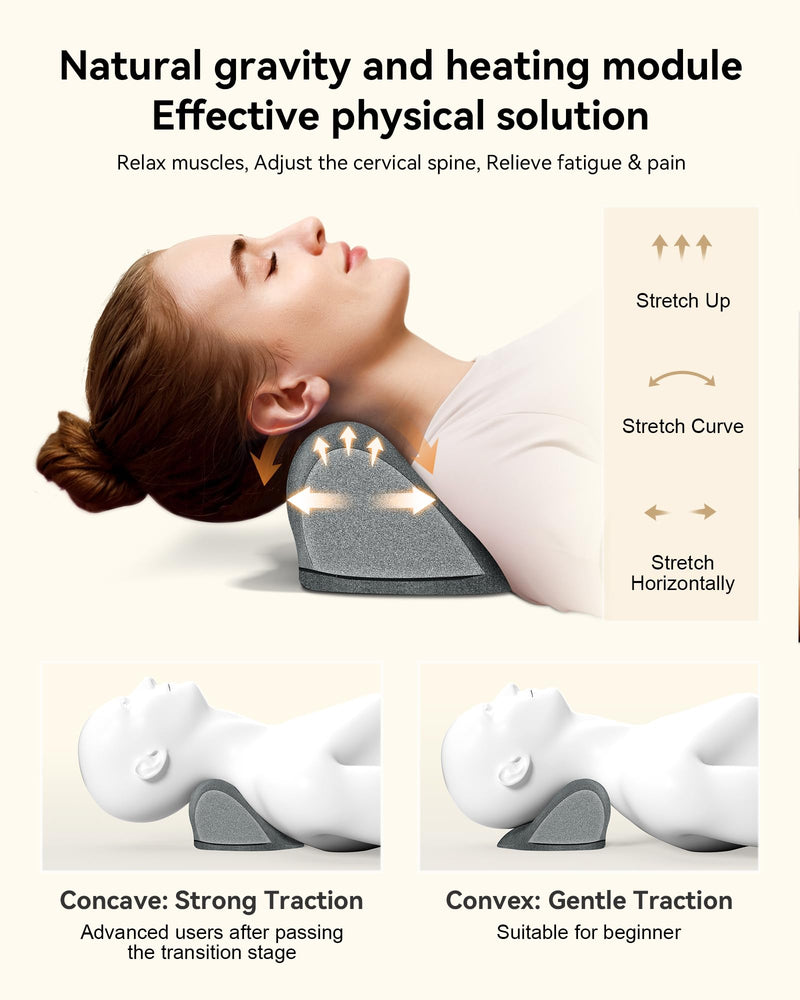 Heated Neck Stretcher for Pain Relief - Neck and Shoulder Relaxer Graphene Heated Cervical Traction Device Neck Pillow Corrector Chiropractic for TMJ Pain Relief and Cervical Spine Alignment Grey