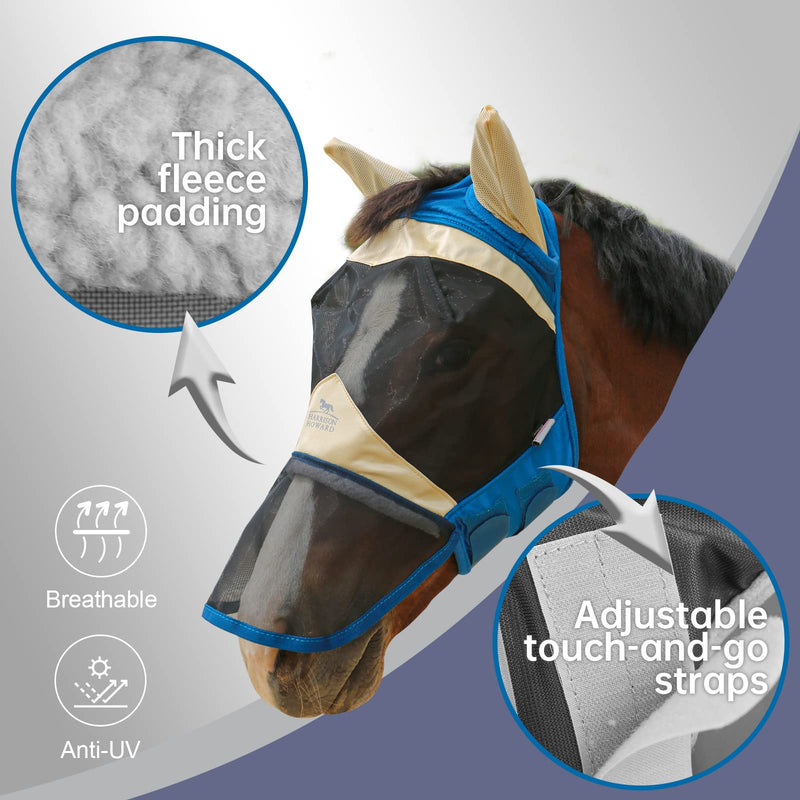 Harrison Howard Horse Fly Mask Long Nose with Ears Champagne Gold/Teal L Full Size Full (Large) - BeesActive Australia
