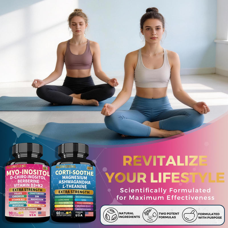 Soothe-Smooth Bundle,Soothe & Smooth Bundle Multivitamin Combo, Cortisol Support Myo-Inositol Multivitamin Combo with Magnesium Glycinate, Ashwagandha, L-Theanine & Herbal Blend - D