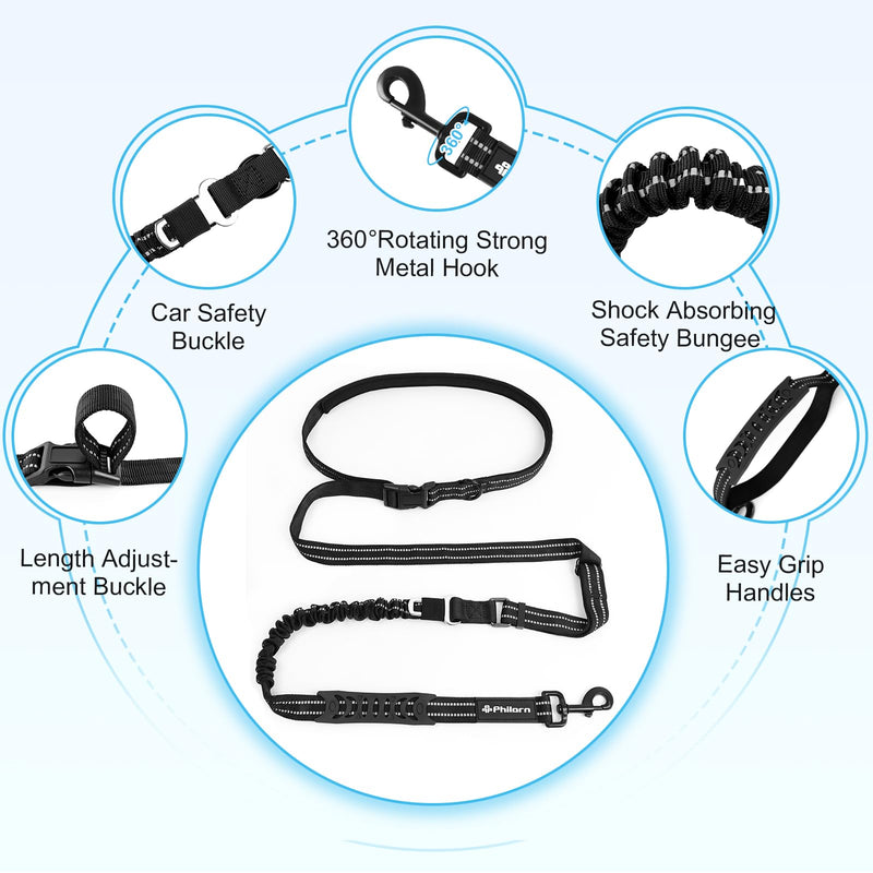 Philorn Hands Free Dog Leash, Crossbody Dog Leash, 6.9-8.9 Ft Multifunctional Waist Walking Belt with Car Safety Buckle for Large and Medium Dogs Jogging,Running,Training (Black, 25-120 lbs) Black - BeesActive Australia