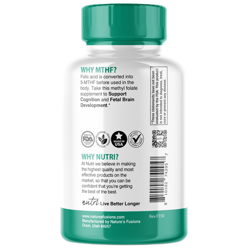 Nutri 5-MTHF L Methylfolate 1MG - 4 Month Supply, 120 Vegan Tablets - Methylated Folate Supplement - Cognitive Function, Heart Health, Prenatal Support - 3rd Party Tested - NSF Certified Facility 120 Count (Pack of 1)