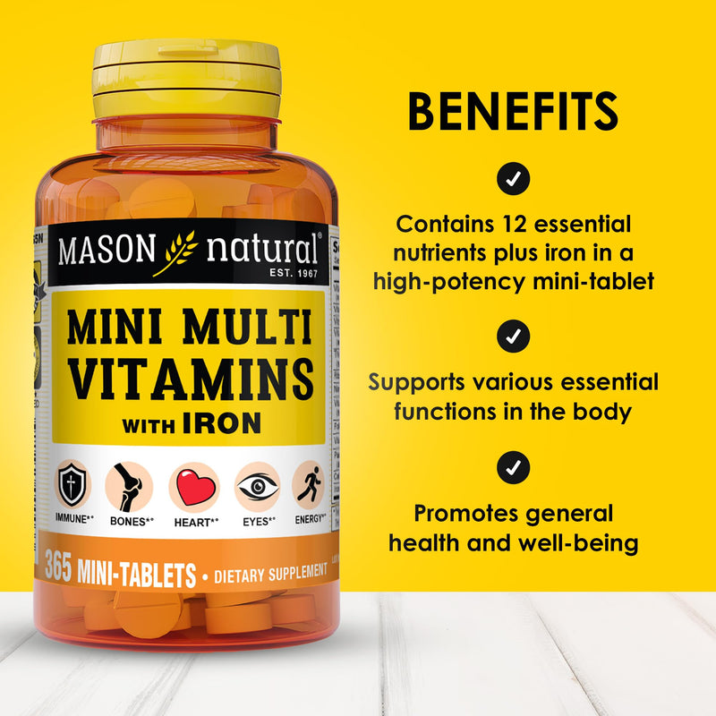 MASON NATURAL Mini Multivitamin with Iron, Gluten Free, 1 Year Supply | 12 essential nutrients plus iron, including vitamins A, C, D, E, B-complex, folate & calcium for daily support 365 Count (Pack of 1)