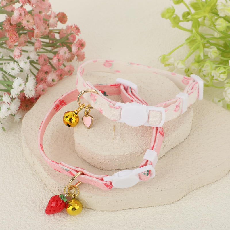 2 Pcs Cotton Breakaway Cat Collar, Safety Adjustable Cat Collars Set Strawberries and Heart Shaped Pendant Kitten Collar Cute Cat Collar with Bell - BeesActive Australia