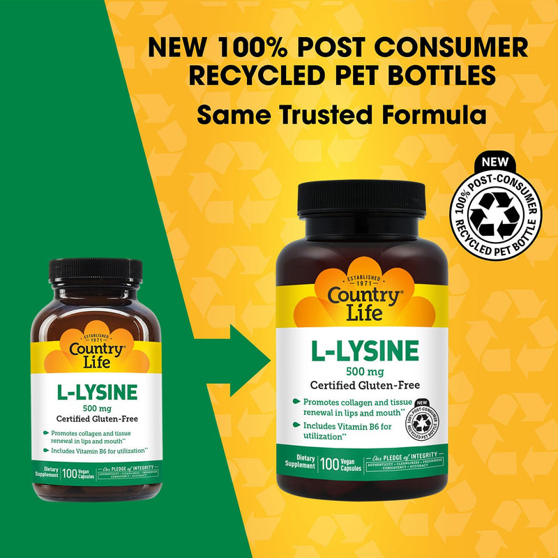 Country Life L-Lysine 500mg with Vitamin B6, 100 Vegan Capsules | Essential amino acid formula supporting collagen structure and tissue renewal in the lips and mouth 100 Count (Pack of 1)
