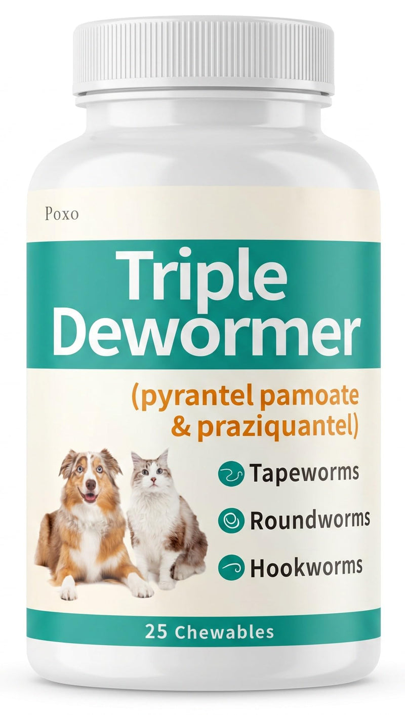 Poxo Dewormer for Dogs & Cats, 7-Way Wormer for Tapeworms, Roundworms & Hookworms, with Praziquantel & Pyrantel Pamoate – Gentle on Stomach, 25 Chewable