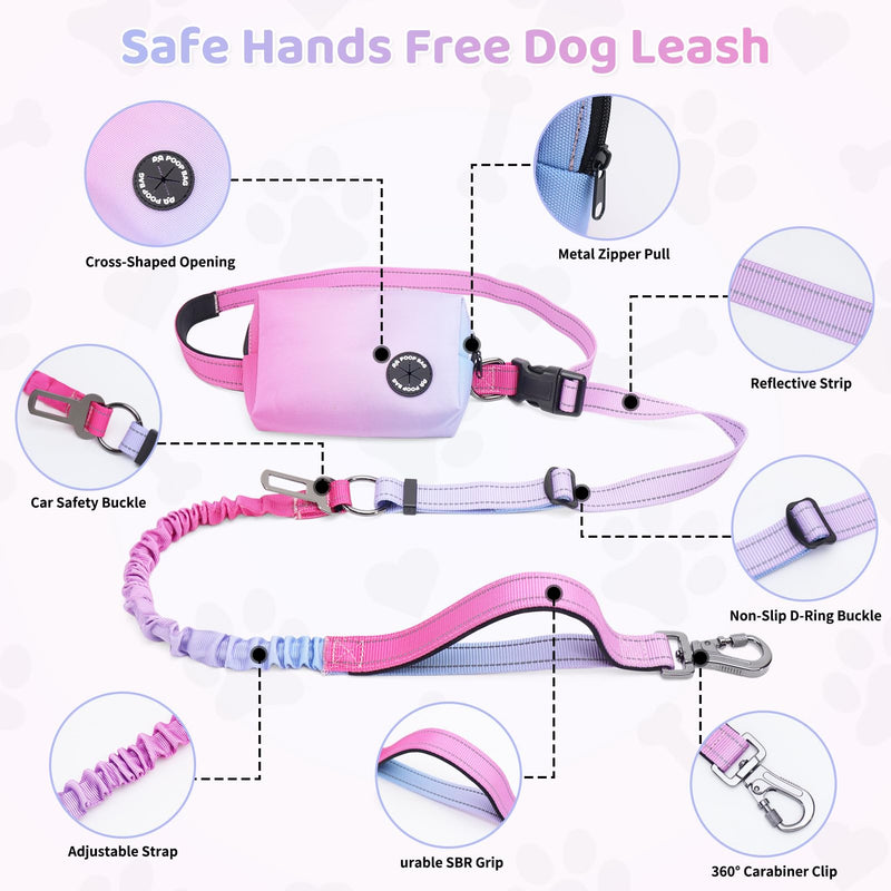 Hands Free Dual Handle Retractable Bungee Leash with Reflective Trim, Adjustable Waist Belt for Dog Walking, Running, Hiking - Durable Nylon Leash for Medium Large Dogs, Pink