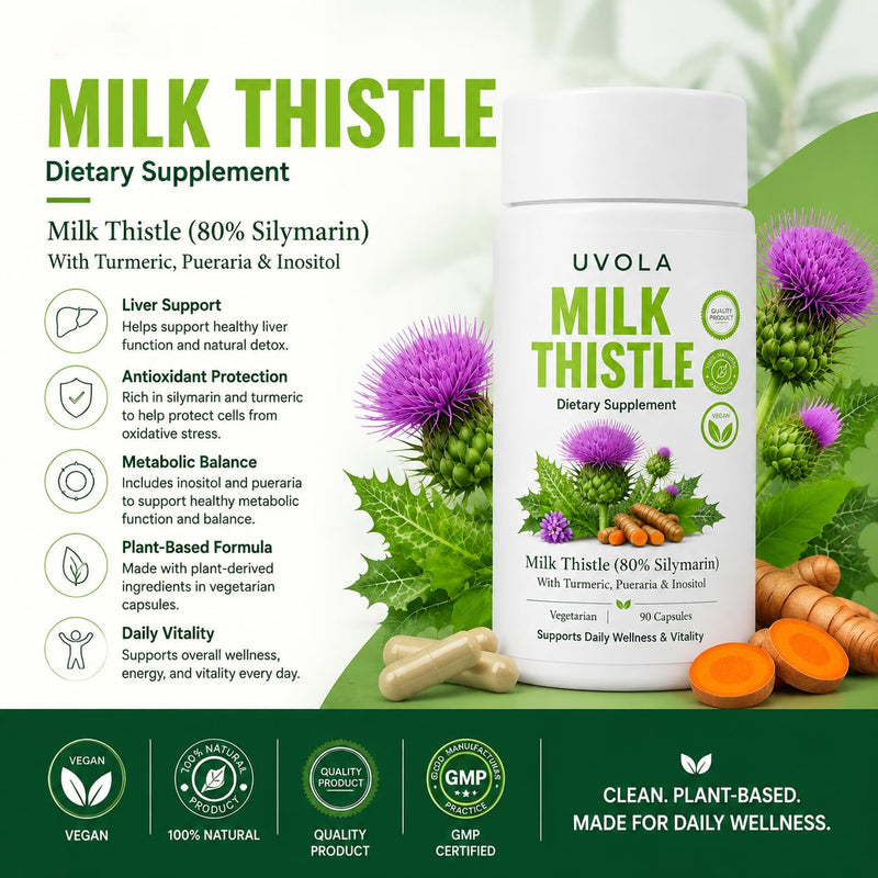 Uvola Milk Thistle Supplement, 80% Silymarin Liver Support Formula, Inositol, Vitamin C, Turmeric, Wormwood, Clove, Dandelion, 8-Ingredient Blend, Gut Health,90 Capsules