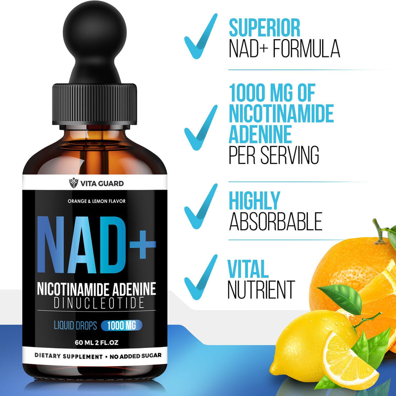 Vita Guard Pure NAD+ Liquid Drops 1000mg | Nicotinamide Adenine Formula | Vegan, Non-GMO | Natural Lemon & Orange Flavor | Dietary Supplement for Women & Men