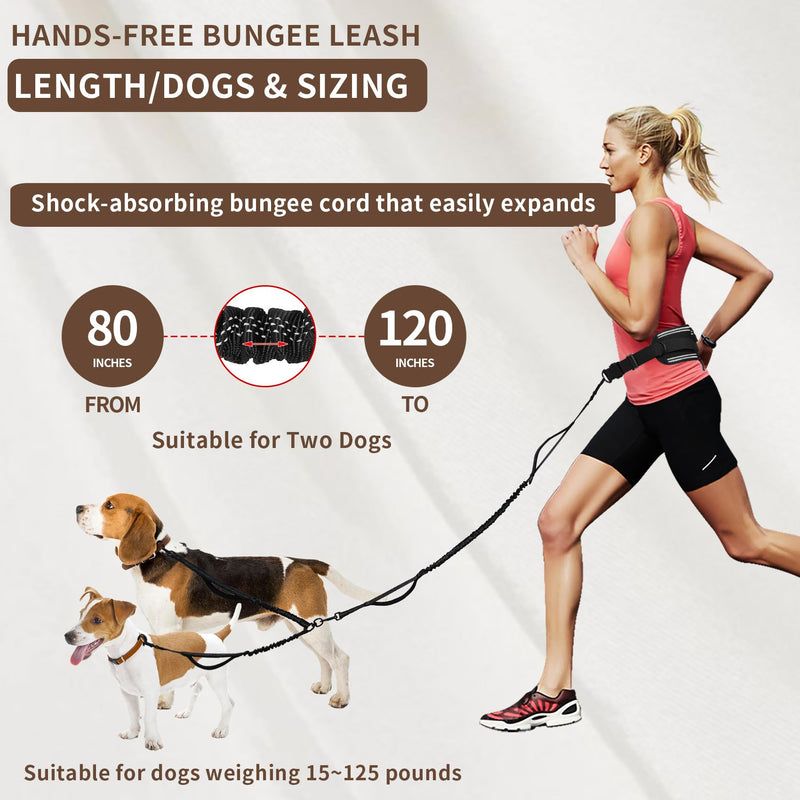 Tails & Tales Hands Free Dog Leash with Waist Pouch, Lumbar Support Upgraded, Bungee Reflective Leash, Adjustable Belt 25-55", Walking Running Hiking Training for Dogs Up to 125lbs (Black, Two Dogs) Black - BeesActive Australia
