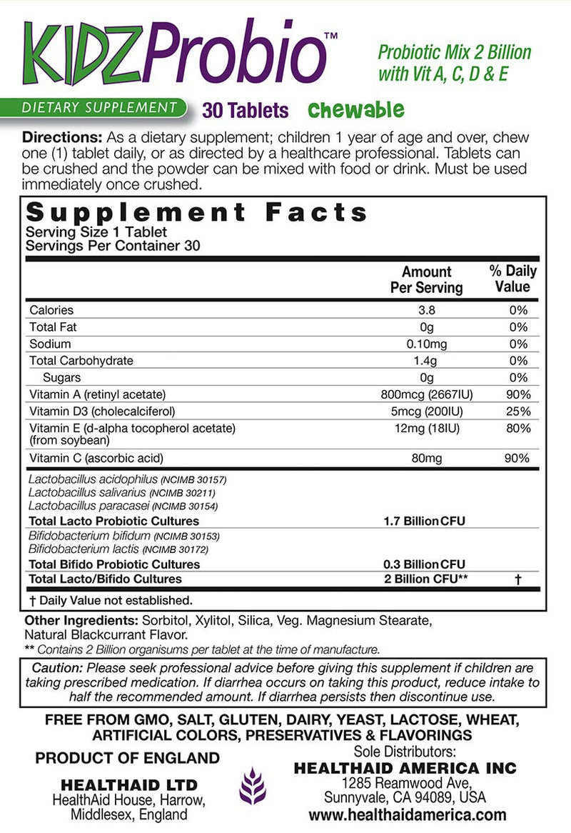 HealthAid KidzProbio Chewable Probiotic for Kids – 2 Billion CFU, 5 Strains + Prebiotic & Vitamins A, C, D & E – Supports Digestive & Immune Health – Blackcurrant Flavor, 30 Daily Tablets*