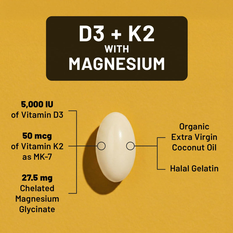 NatureWise Vitamin D3 5000IU + K2 & Magnesium Glycinate 275mg - 90 Softgels | Extra-Strength D3 125mcg, K2 50mcg, High Absorption Chelated Magnesium Supplement, Bone Support.* 90-Day Supply.