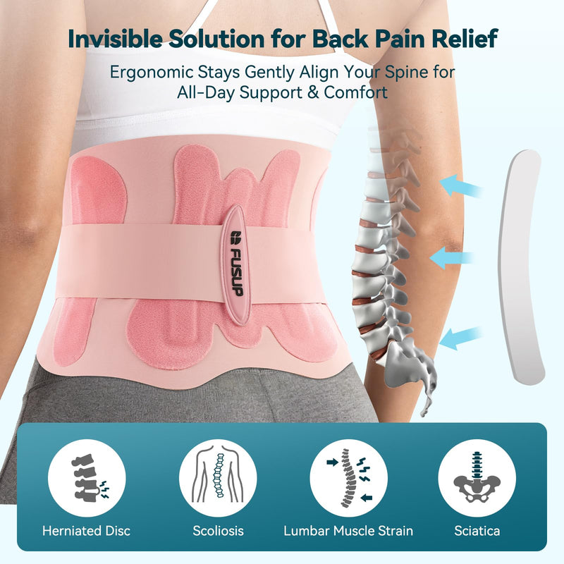 Thin Back Brace with 0.5mm Ultra-Thin & Seamless Design Under Clothing, FUSUP Anti-Slip Lumbar Support Belt with 2 Removable & Adjustable Straps - for Low Back Pain, Back Injuries, Office, Daily Wear, Sports (Women & Men) (Pink, Large) Pink - BeesActive Australia