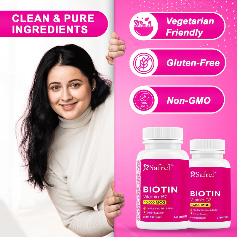 Safrel Biotin (Vitamin B7) 10,000mcg (10mg) Vitamin Supplement, 240 Capsules - Vegetarian, Gluten Free, Quick Release, Non-GMO