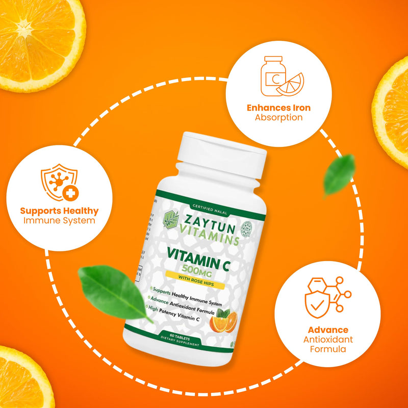 Zaytun Halal Vitamin C 500mg Supports Immune System, Natural Antioxidant, Vegetarian, Gluten-Free, 2 Months Supply, Halal Vitamins