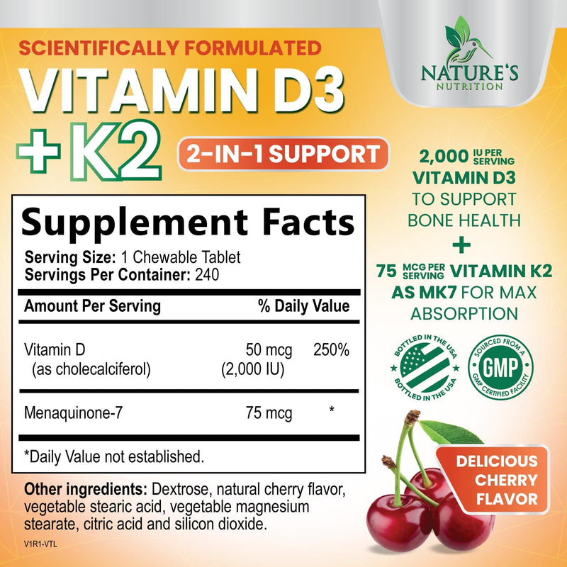 Vitamin D3 K2 Supplement - 2000 IU D3 Per Serving - Extra Strength MK-7 K with Vitamin D3 - For Immune Support, Heart, Teeth & Bone Health - Easy to Swallow D3K2 Chewable, Berry Flavor - 240 Tablets 240 Count (Pack of 1)