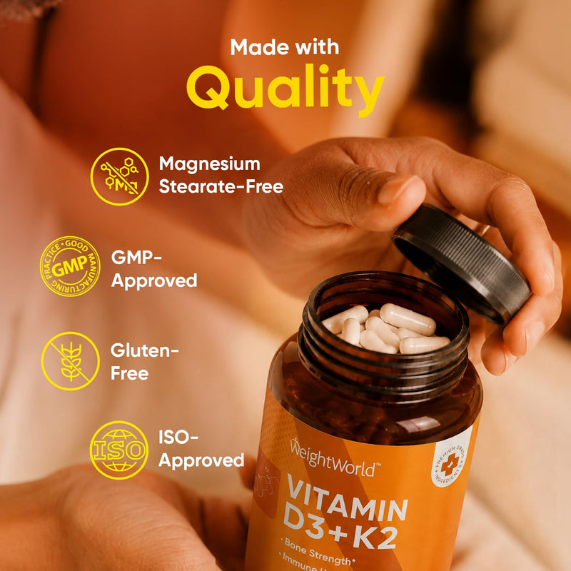 WeightWorld Vitamin D3 K2 5000IU Capsules for Bone Strength, Teeth, Immune Health & Maximum Calcium Absorption - 120 Ct - K2 D3 Vitamin Supplements - Vegan D3 and K2 Supplements, Non-GMO, Gluten-Free Vitamin D3K2 5000IU capsules