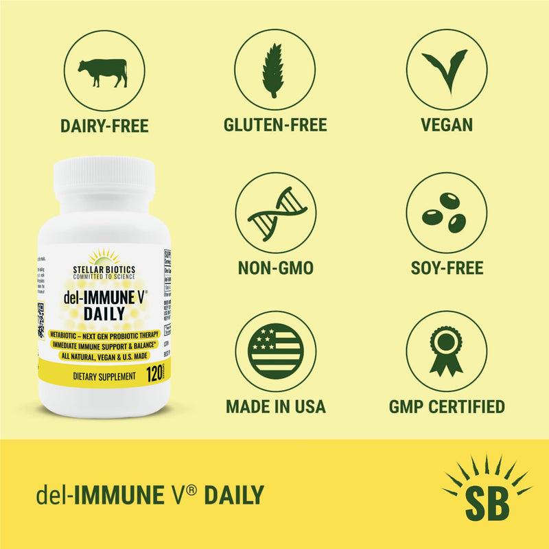 Del-Immune V® Daily by Stellar Biotics, All-Natural Immune Support & Gut Health, Immediate Care, Metabiotic: NextGen Probiotic Therapy (120 Caps) 120 Count (Pack of 1)