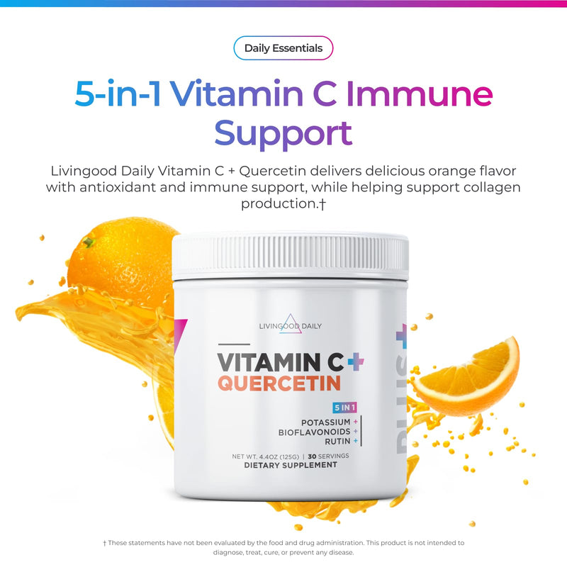 Livingood High Dose Vitamin C Powder, 2,500mg Ascorbic Acid, 30 Servings | 5-in-1 Immune Support Supplement, Vit C, Quercetin, Potassium, Biolavonoids, Rutin, Sweet Orange, Sugar Free, Made in USA