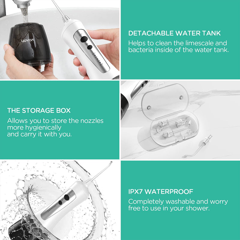 VOYOR Water Flosser Oral Irrigator Cordless Rechargeable Dental Water Jet Flosser with 3 Working Modes, IPX7 Waterproof for Teeth, Brace, Bridges Care WF200 (Gray) Gray