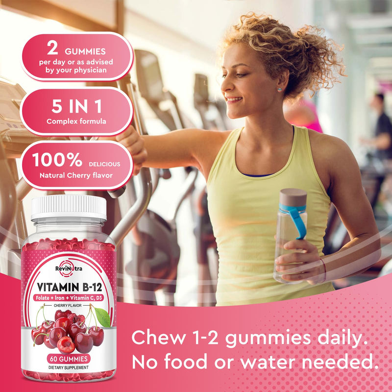 Vitamin B12 Gummies - 5000 mcg Methylcobalamin with Iron, Vitamin C, D3 & Folate, Energy Support and Metabolism, Immune, B-12 Complex Chewable Supplement for Men & Women, 120 Count, 2 Pack Cherry 60 Count (Pack of 2)