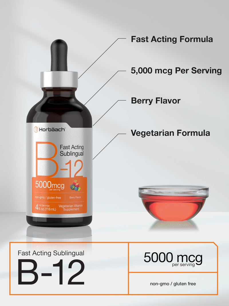 Horbaach B12 Vitamin 5000 mcg Sublingual | 4 Fl Oz | as Methylcobalamin and Cyanocobalamin | Liquid Vegetarian Drops | Berry Flavor | Non-GMO & Gluten Free Supplement