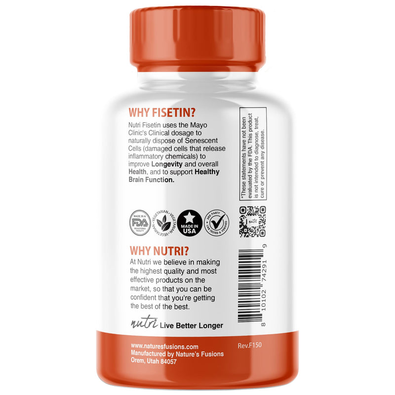 Nutri Fisetin 500mg 32 Count - Clinical Dosage - Fisetin Supplements - Powerful Senolytic Activator, Antioxidant, Heart Support - Natural Polyphenols - Capsules - 3rd Party Tested - GMP Certified 32 Count (Pack of 1)