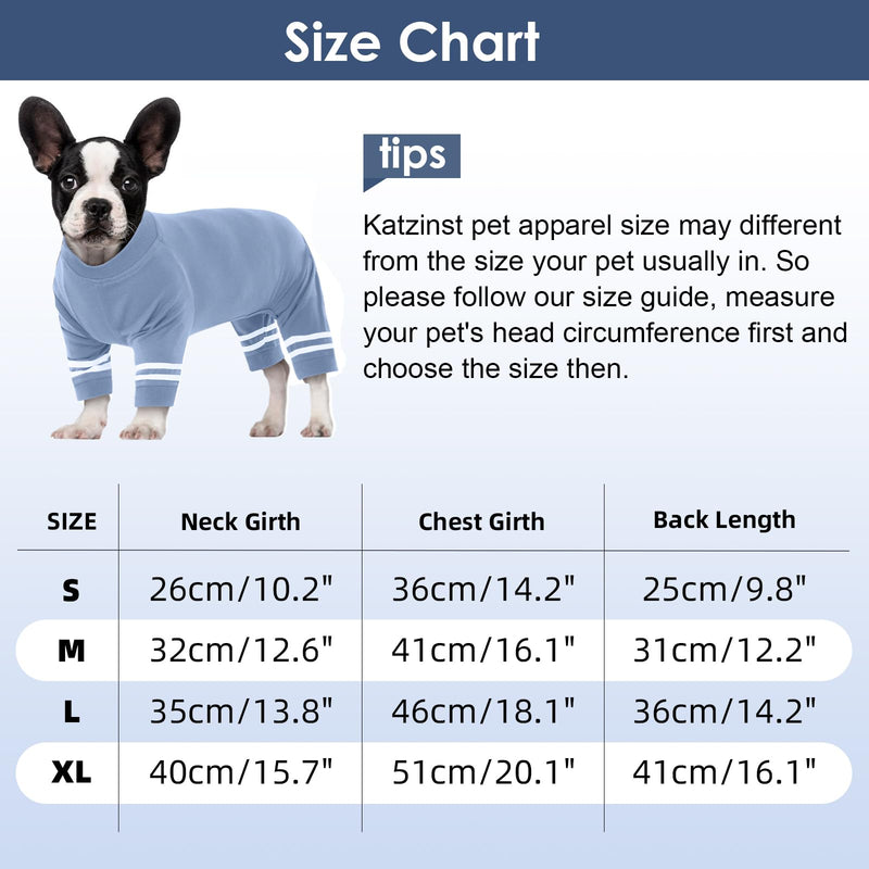 Katzinst dog bodysuit, dog clothes for small dogs, collar and cuffs made of ribbed knit, soft, breathable, warm dog pajamas for all seasons, white dog bodysuit with double stripes, haze blue S haze blue - BeesActive Australia