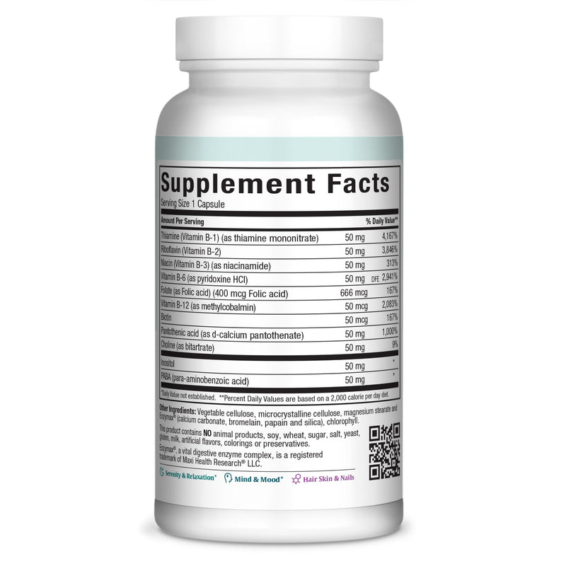 Maxi Health Stress Relief Vitamin B Complex for Women and Men, Vitamin B6, B12, Biotin, Inositol, Folate, Vegan, Gluten & Soy & Milk Free, Kosher, Unflavored, 250 Count | Kosher | B12, Biotin & Folate | B Complex for Energy, Calm & Mental Clarity | Veg...