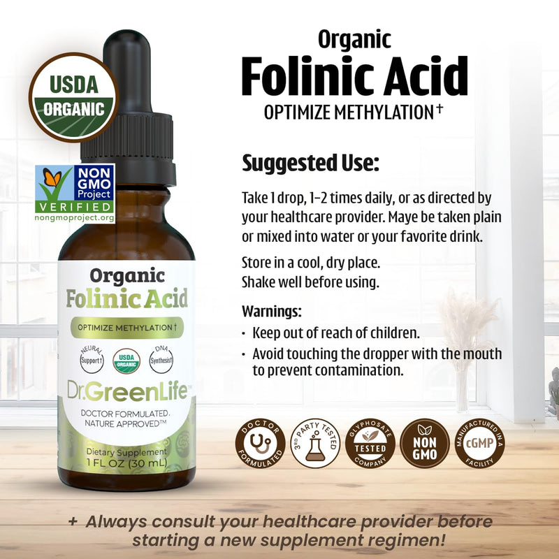 Dr. Green Mom Folinic Acid For Kids & Adults — High Dose — MTHFR-Friendly Folic Acid Alternative — Organic Liquid Drops — 500 mcg/Drop — Vitamin B9 for Methylation, Neurological & DNA Support, 1 fl oz