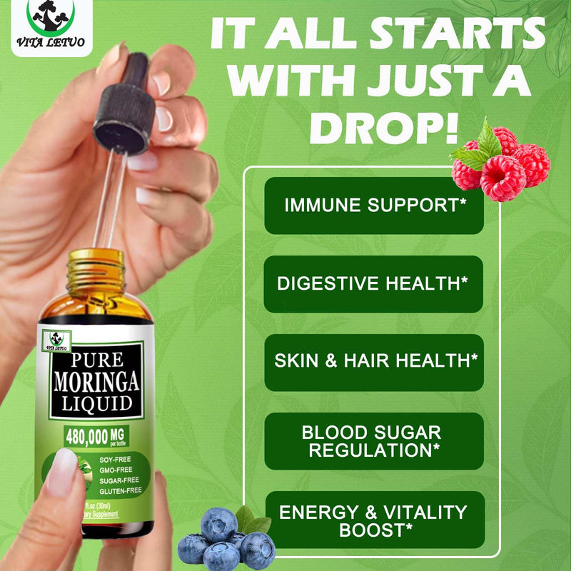 Organic Moringa Liquid Drops for Energy,Metabolism Immune Support,Moringa Leaf Extract 6X Absorption Than Powder Capsule Gummies,Green Superfood Supplement for Women Men